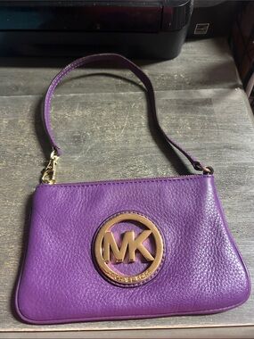 Michael Kors Purple Leather Wristlet with Gold MK Medallion
